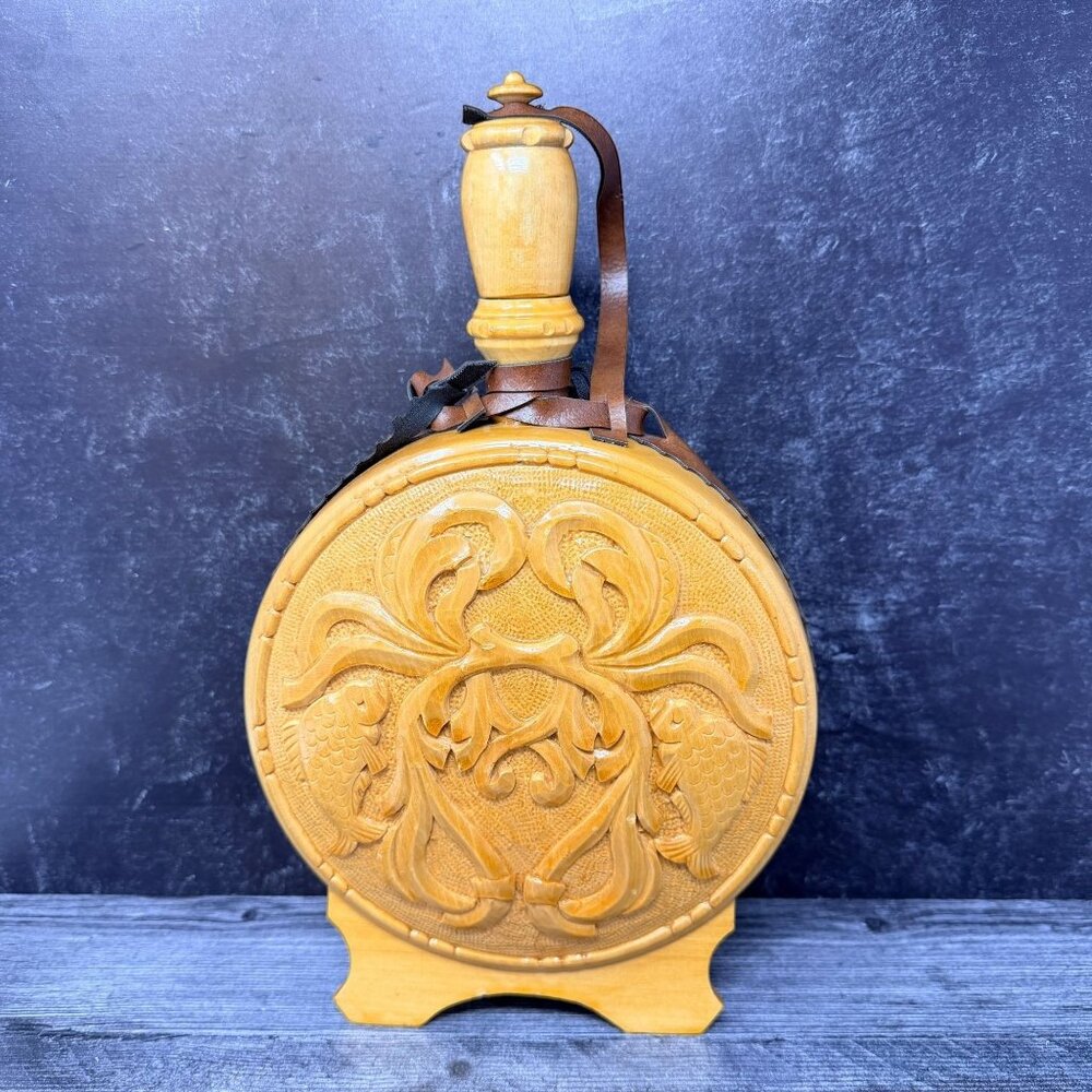 Vintage Carved Wood Flask Decor Fish Motif Faux Bottle Folk‎ Art